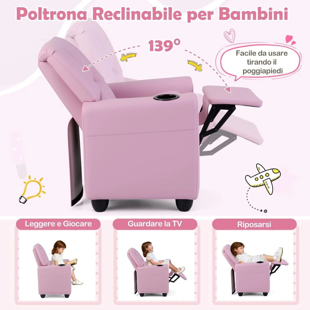 Poltrona Reclinabile per Bambini, Sedia Reclinabile con Porta Bicchiere e Poggiapiedi Regolabile, Poltroncina per Soggiorno e Sala Giochi, Poltrona Divano per Ragazzi 3+ Anni (Rosa)