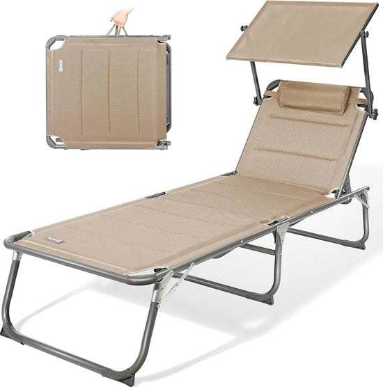 Sedia da giardino XXL in alluminio con tettoia solare - sdraio da spiaggia a tre gambe - 200 x 70 cm - 150 kg di carico - tessuto in sabbia - schiuma veloce assorbente