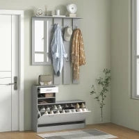 Mobile Appendiabiti 3 in 1 con Scarpiera e Specchio, Ganci e Cassetti, in Legno, 90x10x102 cm, Bianco e Grigio