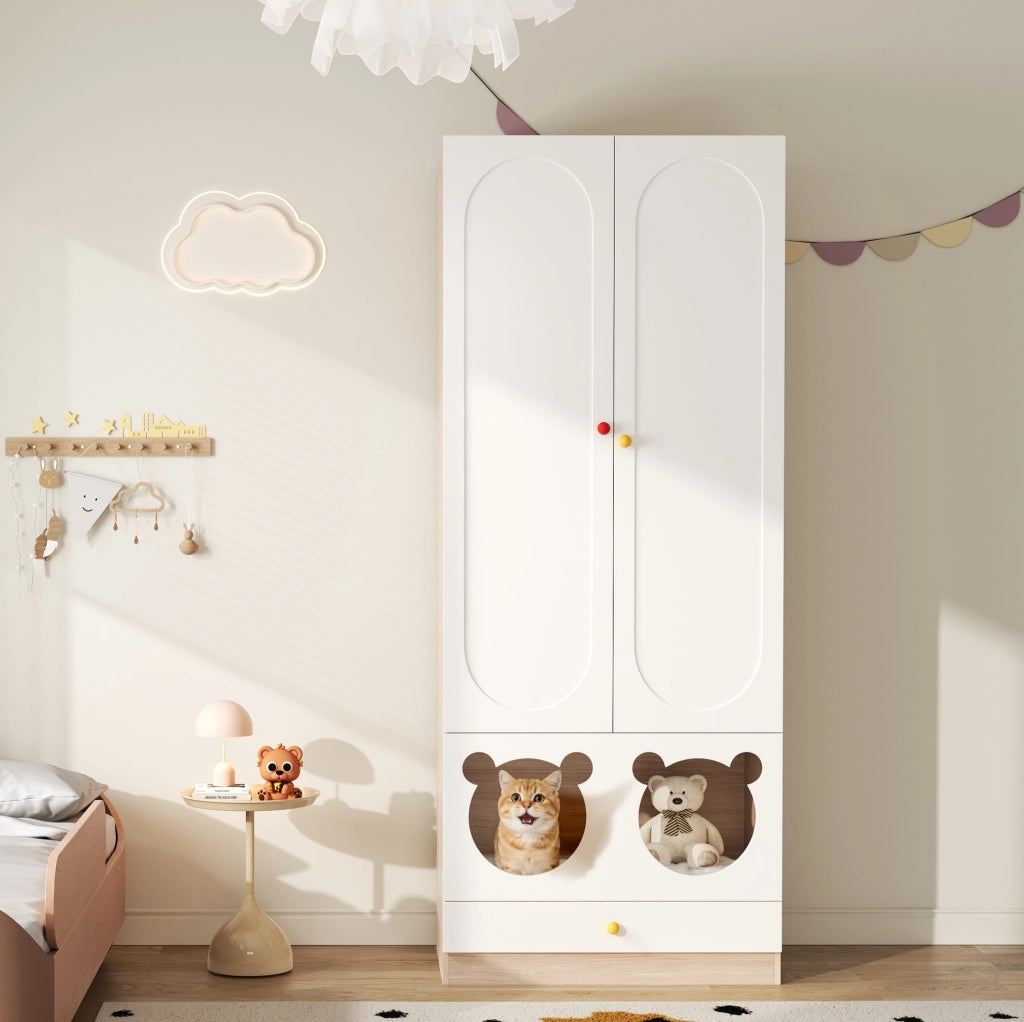 Armadio per cameretta con appendiabiti e cassetti in MDF colore naturale e bianco