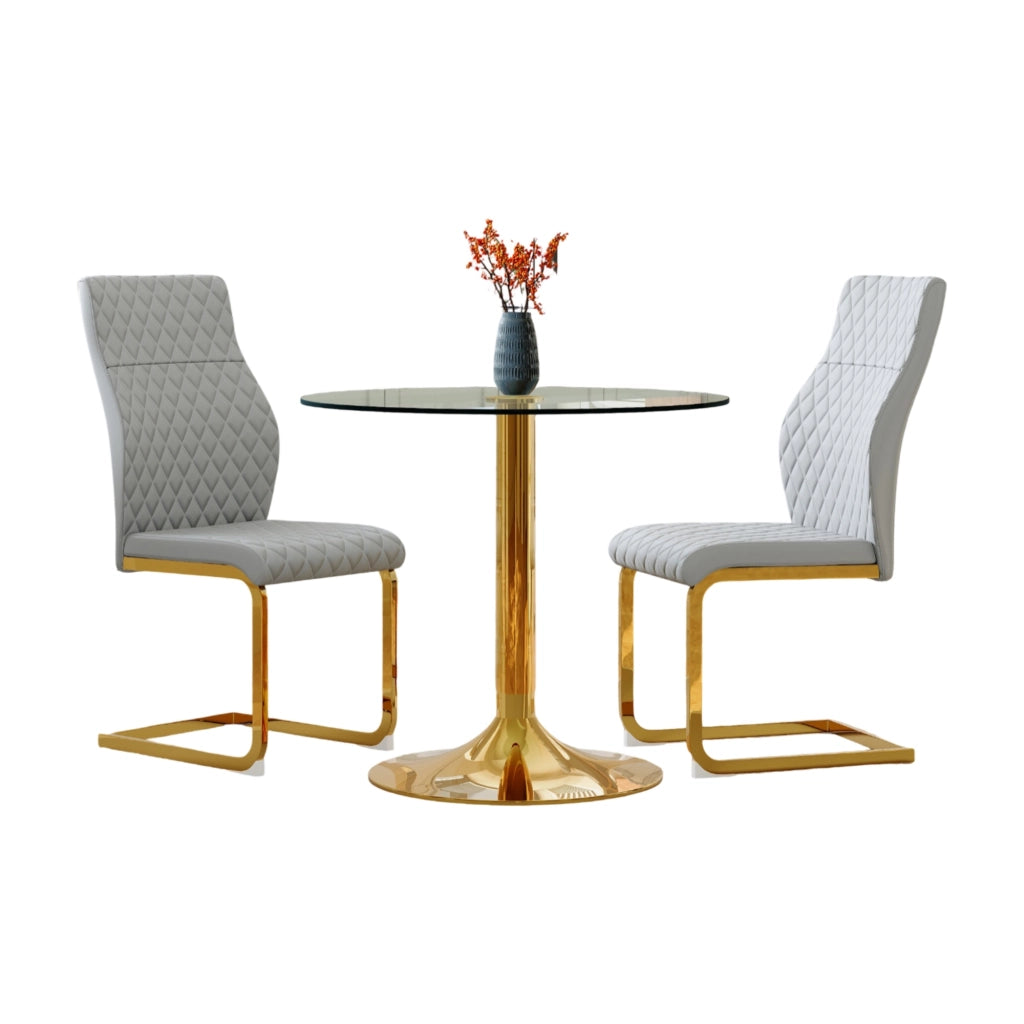 Set tavolo da pranzo rotondo in vetro con sedie grigio chiaro