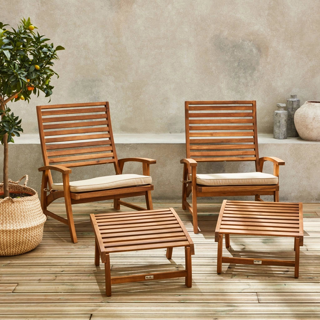 Set 2 sedie con cuscino e poggiapiedi in legno, teak