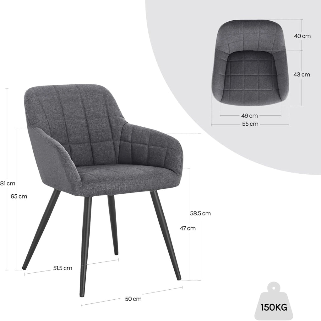 Sedia per Sala da Pranzo Imbottita, Poltroncina in Stoffa Lino,Sedia da Cucina con Braccioli e Schienale, Gambe in Metallo, moderne,Grigio Scuro, BH107dgr-1