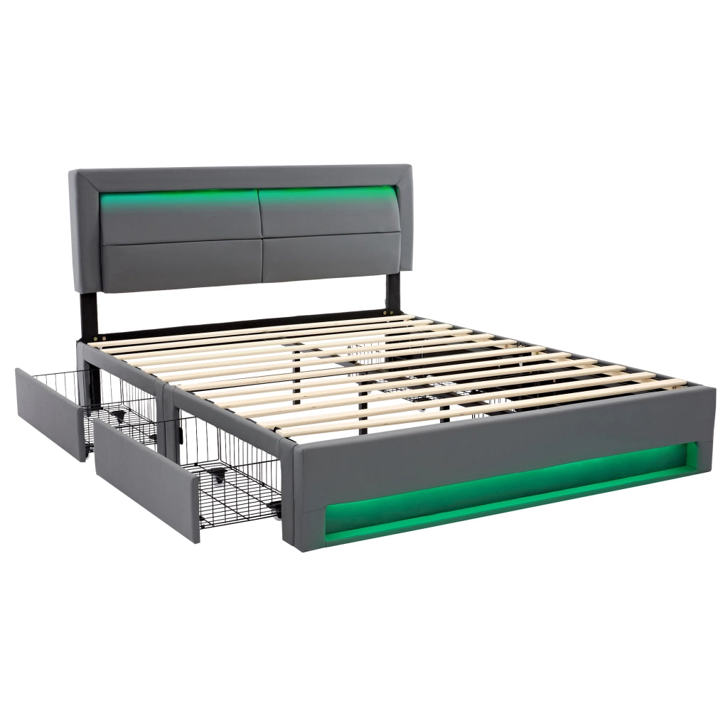 Letto imbottito 140 x 200 cm con USB, illuminazione LED e 4 cassetti, senza materasso, grigio