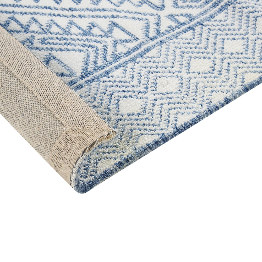 Tappeto da salotto moderno con motivo geometrico blu e bianco 160 x 230 cm soggiorno camera da letto