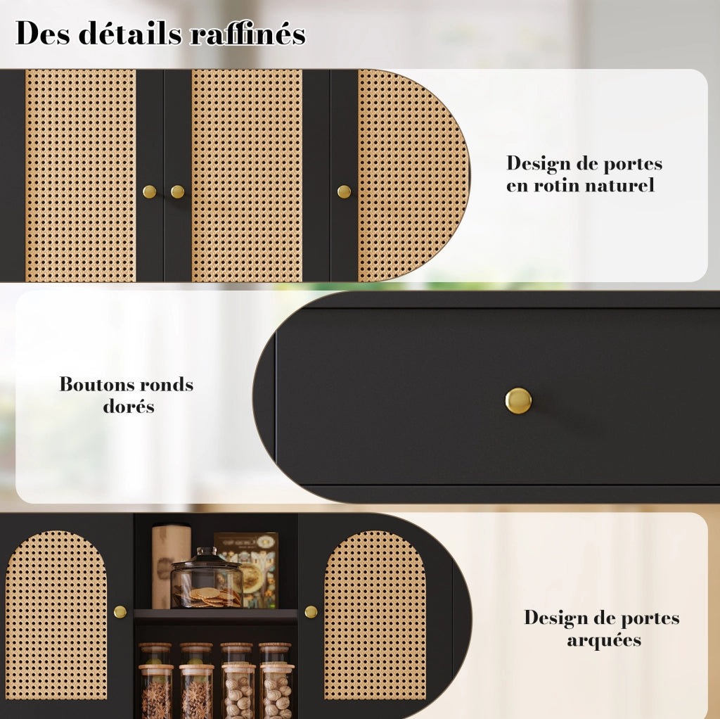 Credenza cucina alta 100x40x180 cm in MDF nero con ante in rattan; LED RGB e prese integrate