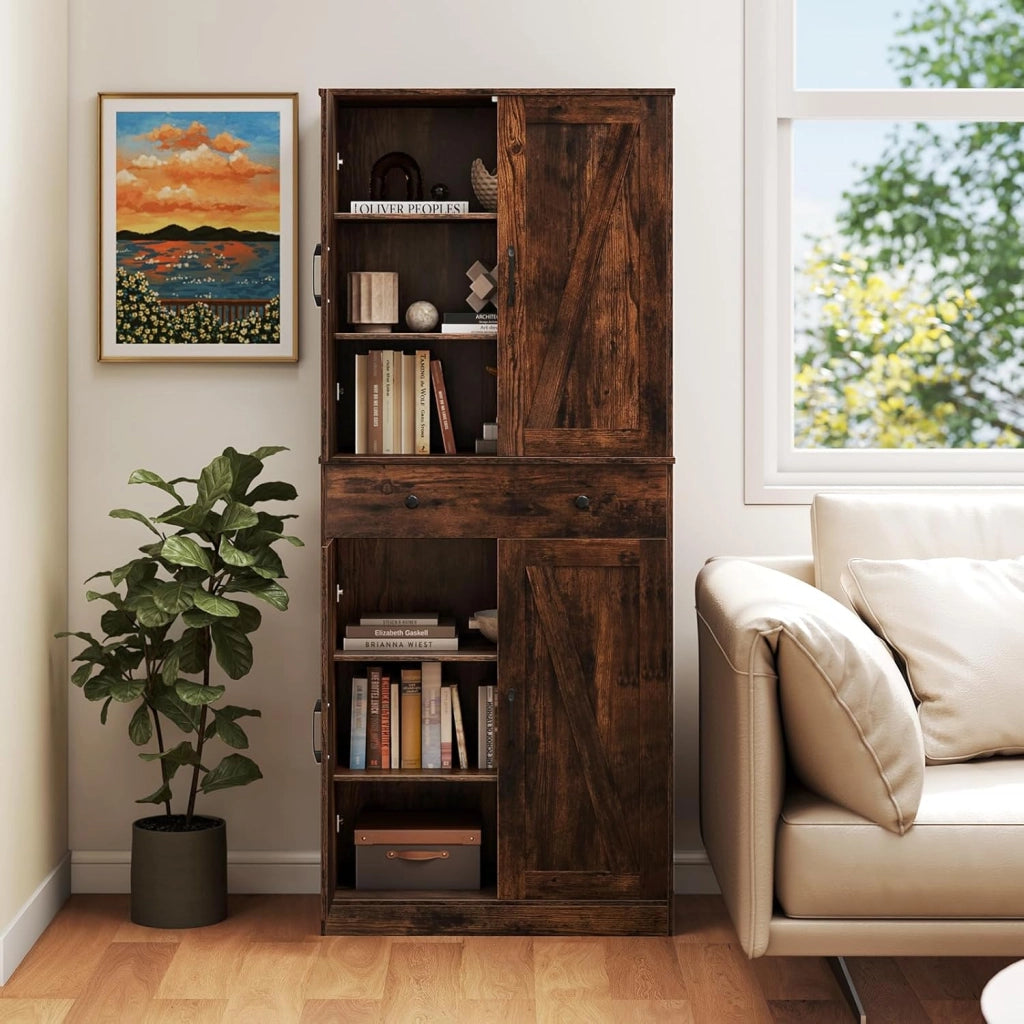 Armadio alto da cucina con 4 ante e 1 cassetto, dispensa in legno con ripiani regolabili, 77 x 39 x 183 cm, mobile per soggiorno, sala da pranzo, bagno (marrone)