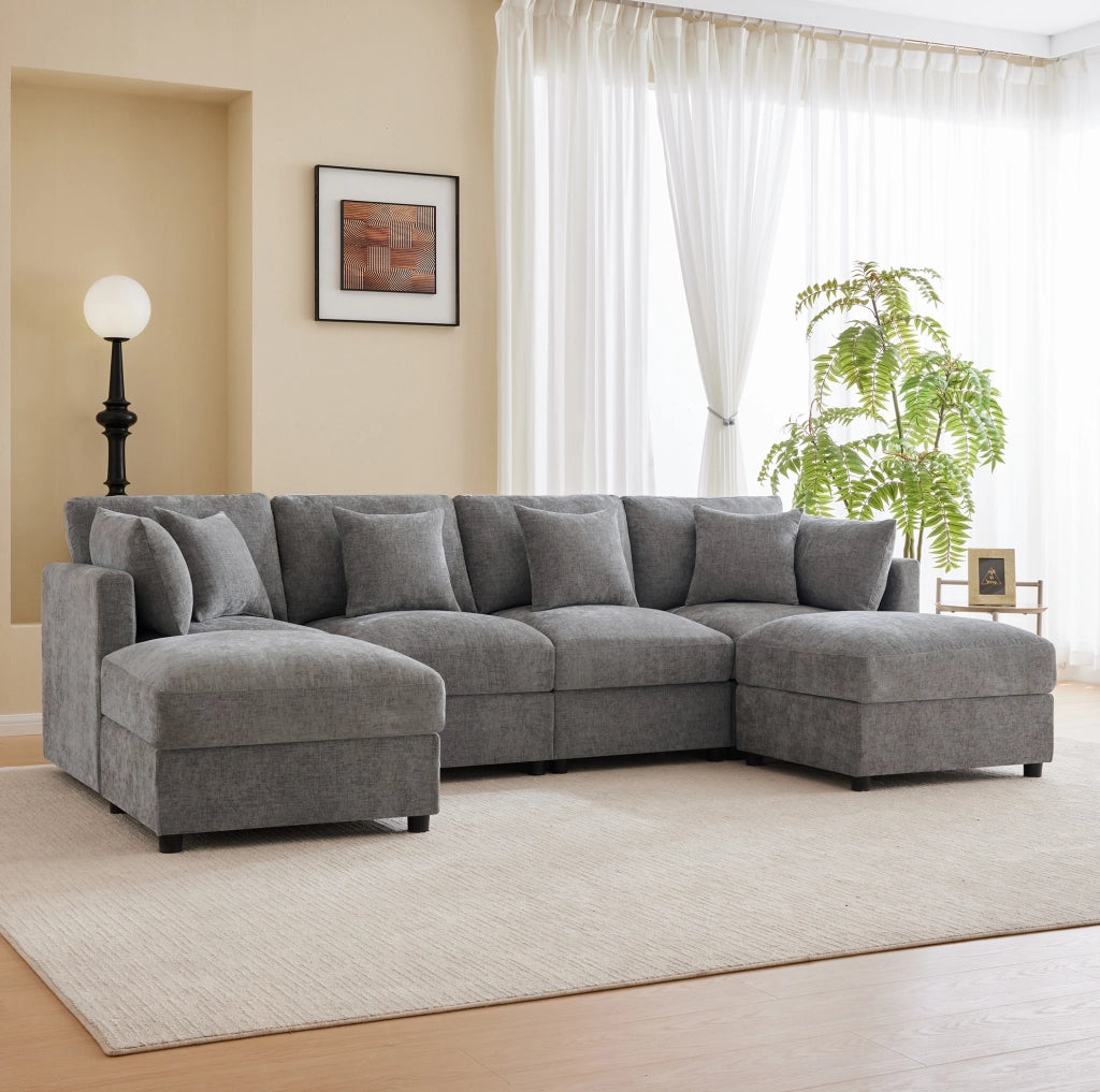 Sofa modulare ad angolo a forma di U/L in tessuto chenille grigio con 2 pouf e 6 cuscini