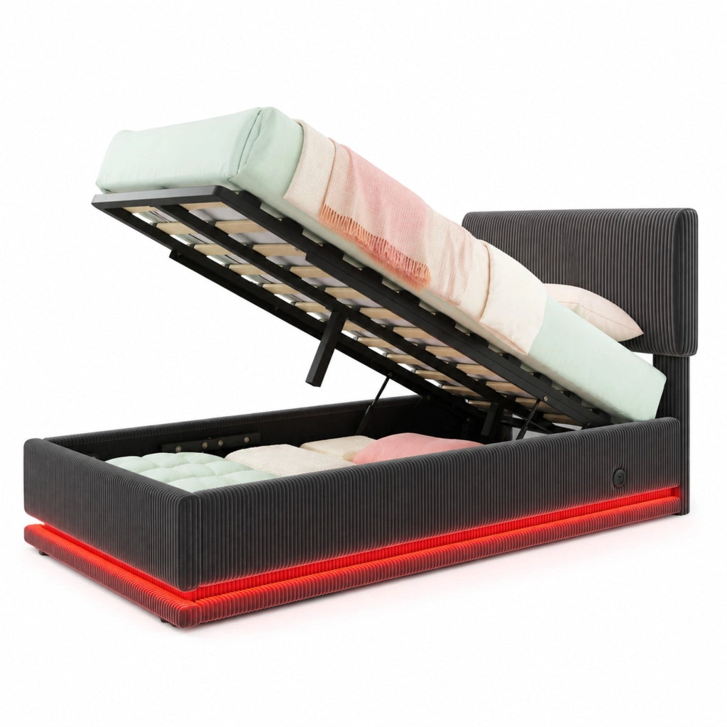 Letto imbottito con LED e USB-C 90x200 cm; tessuto corduroy grigio scuro