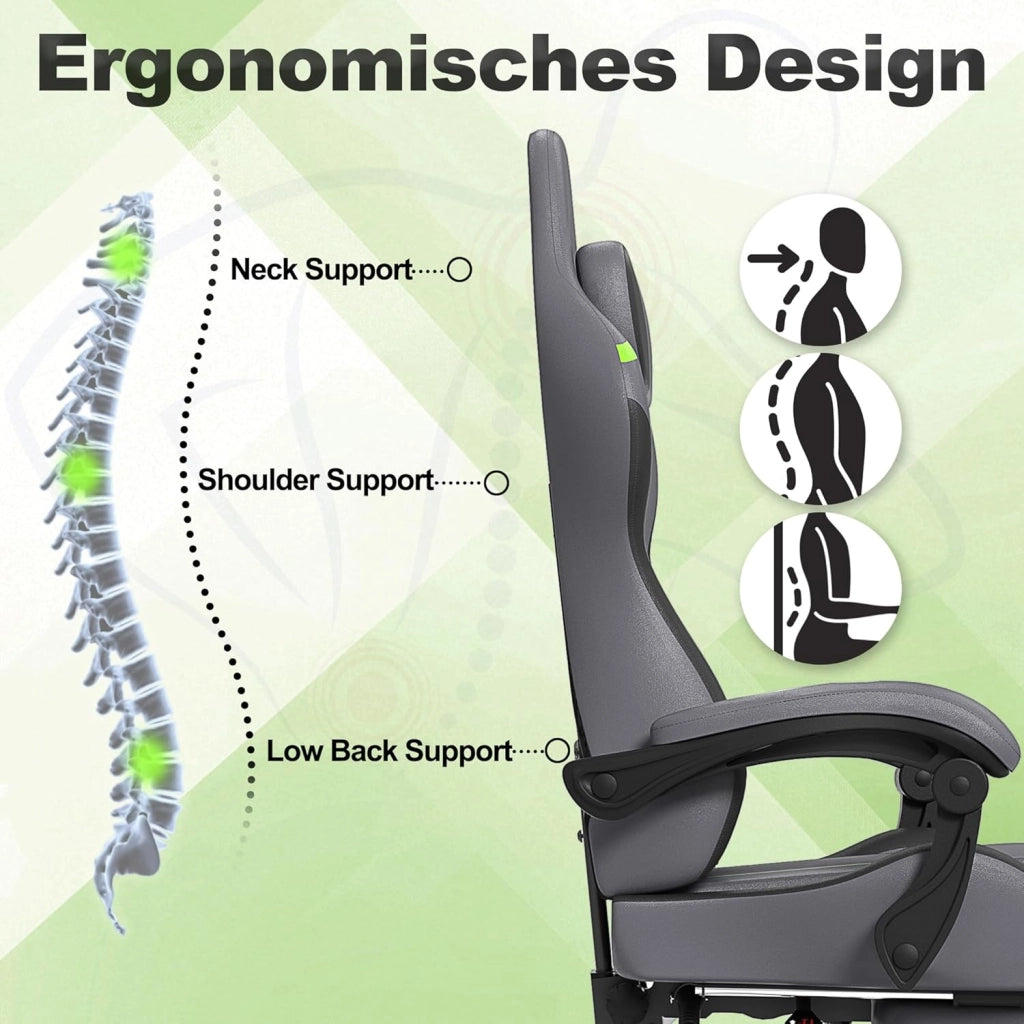 Sedia da gaming, massaggiante, colore grigio, per gaming, con poggiapiedi, poggiatesta e massaggi, ergonomica, regolabile in altezza, per sala giochi, ufficio