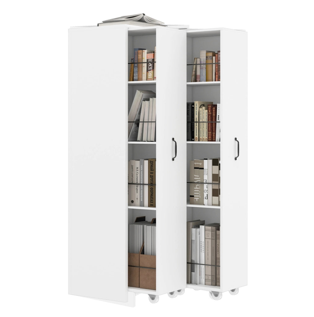 Libreria estensibile ULEVR 51,5x41x158 cm con ruote, 4 ripiani per modulo e barre metalliche, bianca