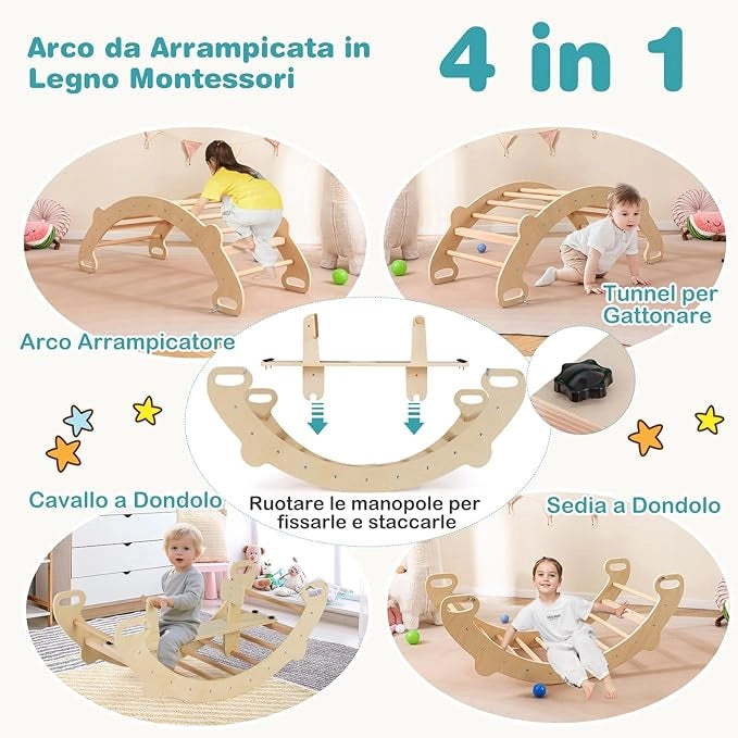 4 in 1 Arrampicata per Bambini, Arco Cavallo a Dondolo Multifunzionale in Legno, Dondolo a 35°, Ideale per Bambini 1-5 Anni, 112 x 52 x 44 cm (Naturale)