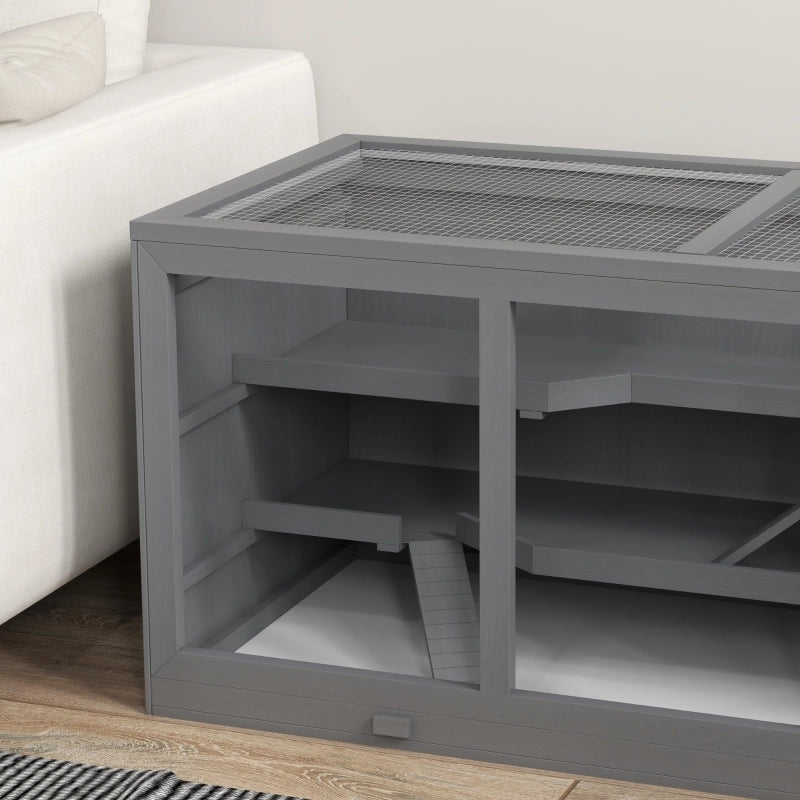 Scaffale in legno per piccoli animali a più livelli con rete metallica e tetto apribile grigio 115 × 57 × 55 cm