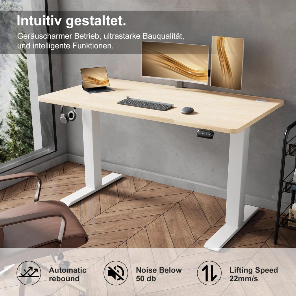 Scrivania regolabile in altezza, 120 x 60 cm, con vaschetta per cavi, altezza elettrica, stabile, scrivania per computer, memoria a 2 funzioni, seduta ergonomica in acero