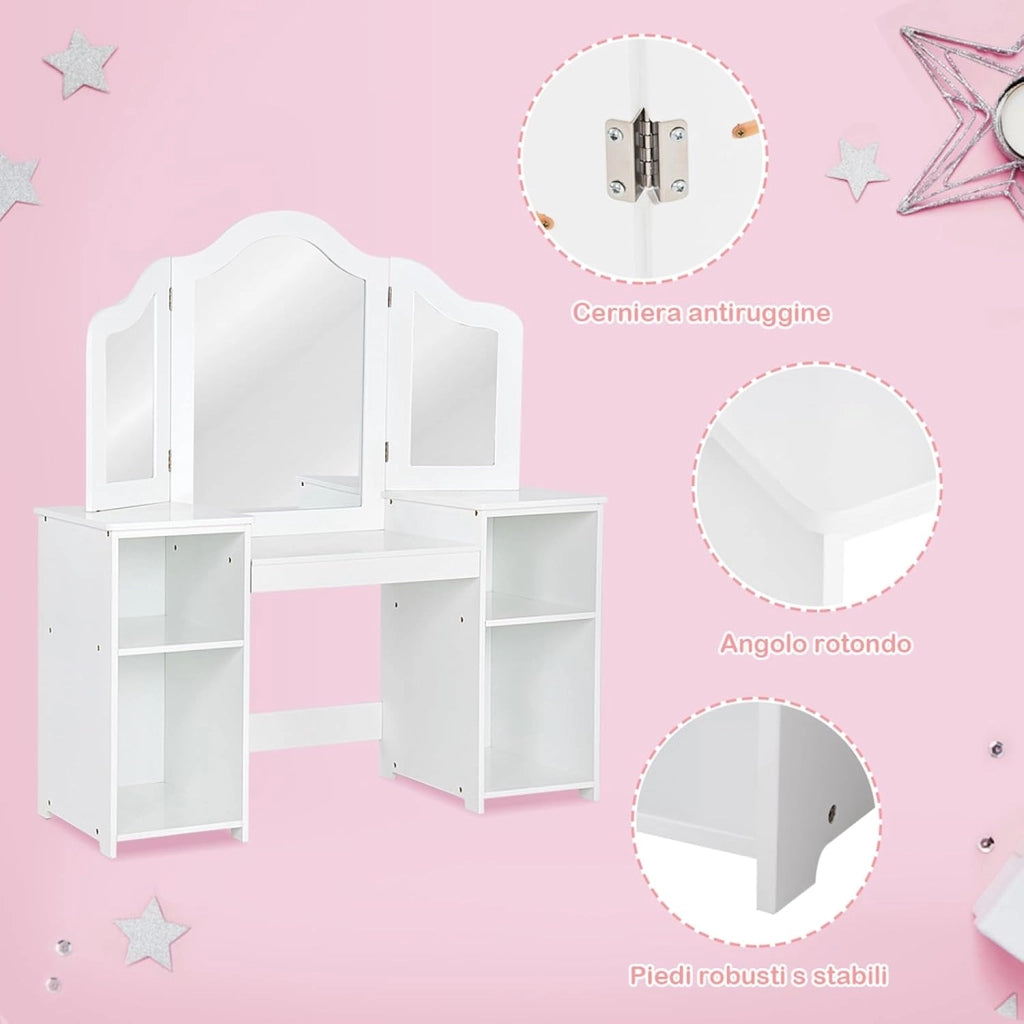 Toeletta per bambini in Legno, Design Smontabile 2 in 1, Mobile da Trucco Stile Principessa con 4 Mensole e Specchio, Mobile per Il Trucco per Bambini (Bianco)