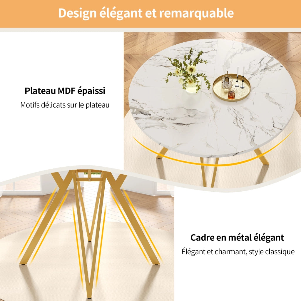 Tavolo da pranzo rotondo con piano in MDF effetto marmo e base in metallo, per sala da pranzo, oro 100 × 100 × 76 cm