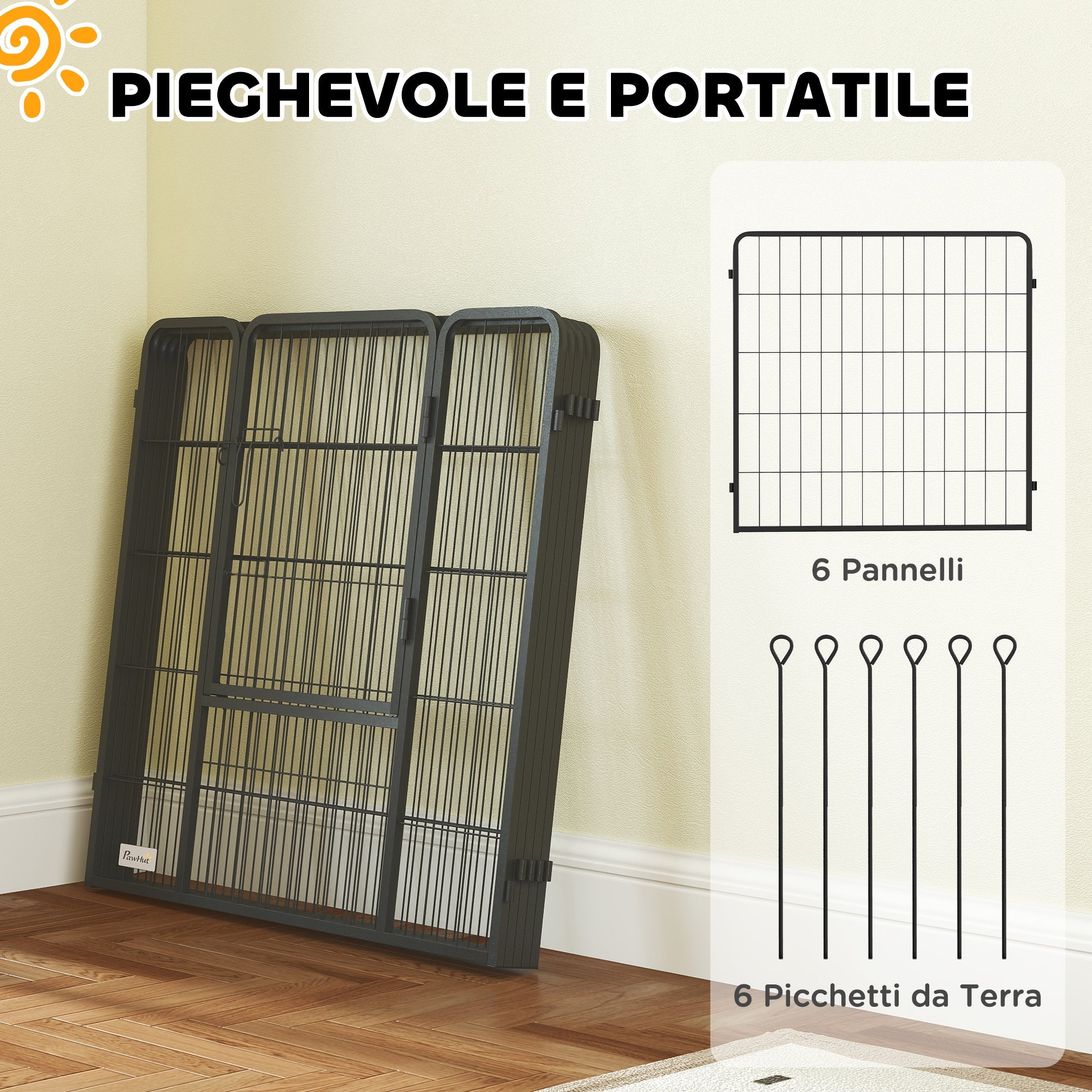 Recinto per Cani a 6 Pannelli Modulabili da 80x1,5x80A cm con Porta di Ingresso in Acciaio Nero