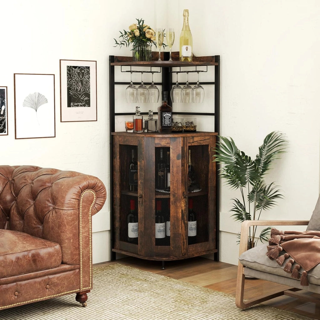 Armadietto Angolare Industriale Da Bar Con Supporto In Vetro, Armadietto Da Vino Con Ripiano Regolabile, Portabottiglie Vino Da Cucina Con Protezione, 130x47,5x47,5 cm (Marrone)
