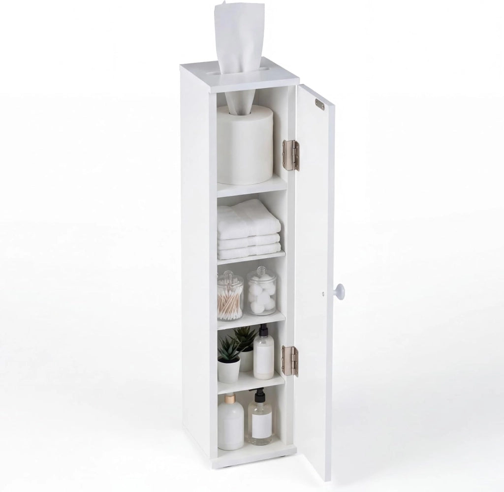 Mobiletto da Bagno a 5 livelli, Armadietto a Colonna Salvaspazio con Ripiani Rimovibili, Uscita per Carta Igienica e 2 Dispositivi Anti-ribaltamento per Ingresso, 16 x 16 x 69 cm (2)