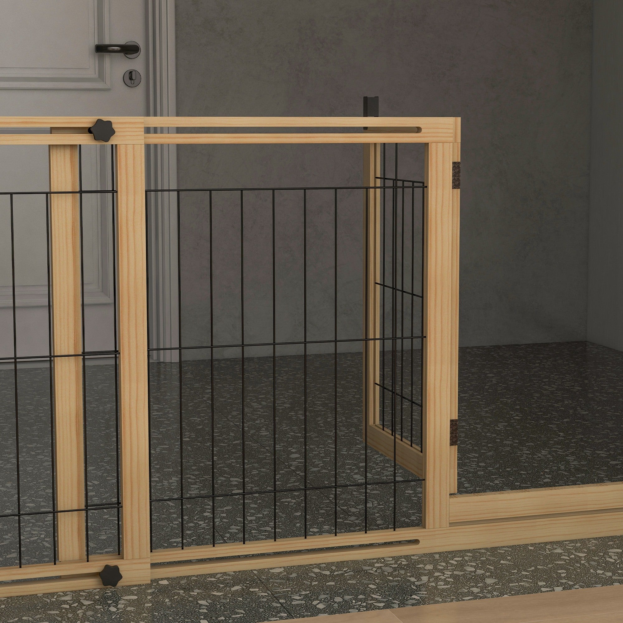Cancelletto per Cani Estensibile 112-159x70 cm con Porta e 2 Pannelli in Legno Naturale