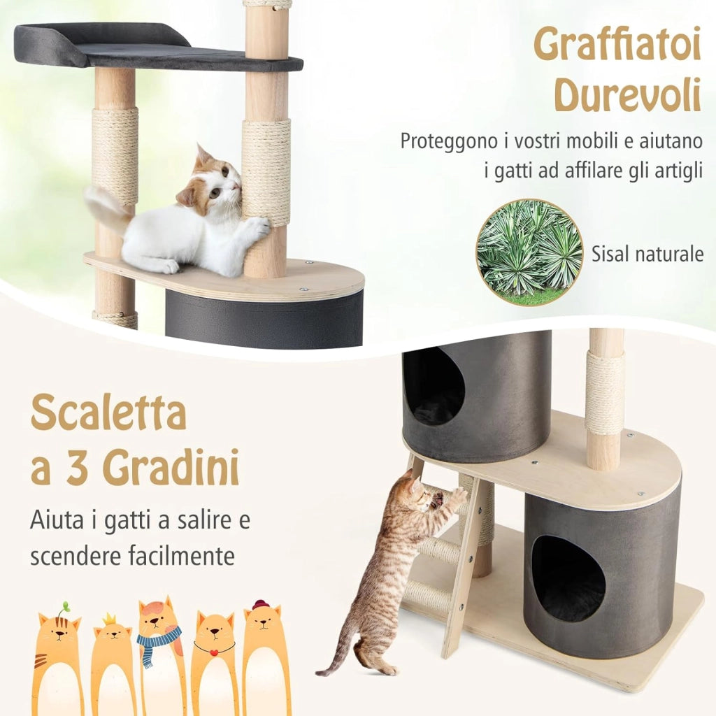 Albero Tiragraffi per Gatti, Tiragraffi per Gatti Multilivello con 2 Cucce Accoglienti, Trespolo in Tessuto Felpato, Piattaforma, Pali Tiragraffi e Scala con Rivestimento in Sisal