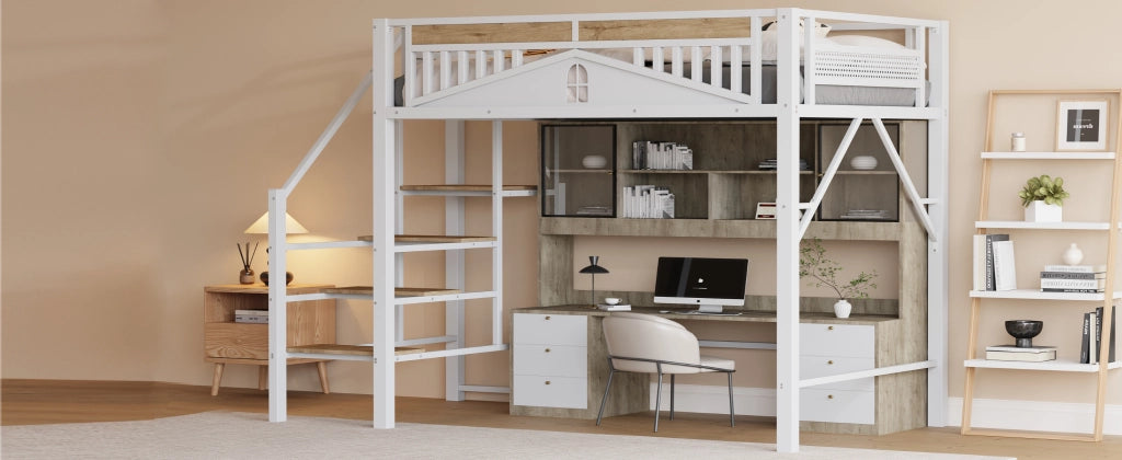 Letto a castello metallo e legno bianco con scala di sicurezza e spazio di stoccaggio 140x200 cm