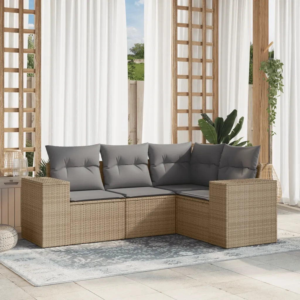 Set Divano da Giardino 4 pz | Set Salotto da Giardino con Cuscini Beige in Polyrattan