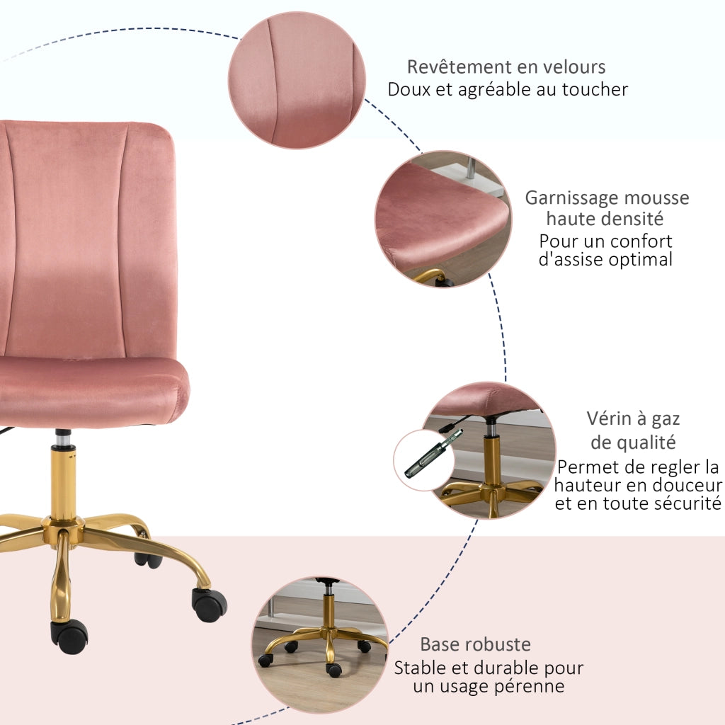 Sedia da Ufficio Ergonomica Girevole 360 Gradi in Velluto Rosa e Oro Poltrona con Altezza Regolabile per Casa e Studio