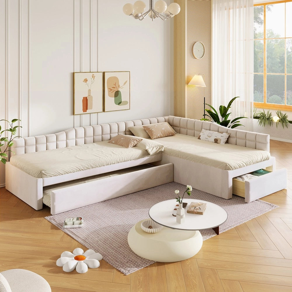 Letto imbottito a L con letto estraibile cassetti velluto beige ¨C Minimal ¨C 90x200 cm