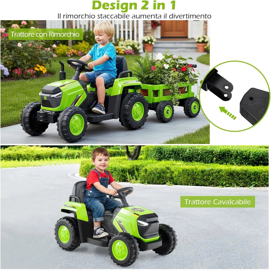 12V Trattore Elettrico per Bambini, Trattore a Pedali con Rimorchio Staccabile Controllo Remoto Fari LED Clacson e Musica, Macchina Elettrica per Bambini 37-95 Mesi (Verde)