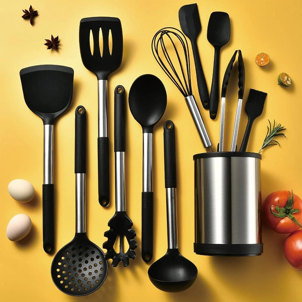 Trade Shop - Set 12pz Utensili Da Cucina Mestoli In Silicone Acciaio Antiaderente Portaposate Girevole -