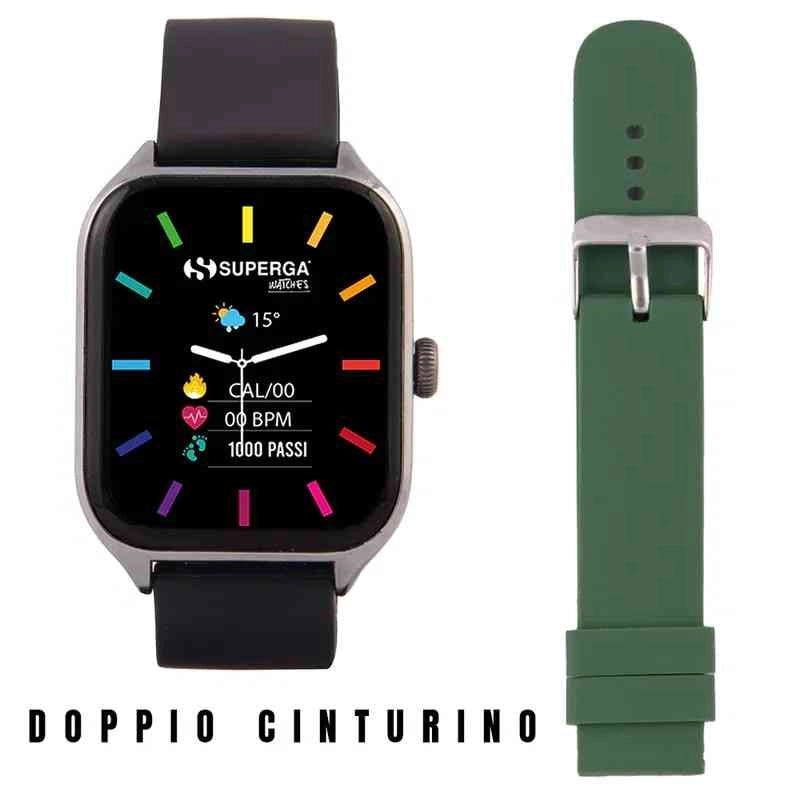 Orologio Smartwatch Superga Watch WINNER - Orologio unisex SWT-STC009 - cassa in alluminio 42mm - android/ios/Apple - bt calling (chiamate in vivavoce tramite smartwatch) - cinturino in silicone - doppio cinturino (verde e nero)