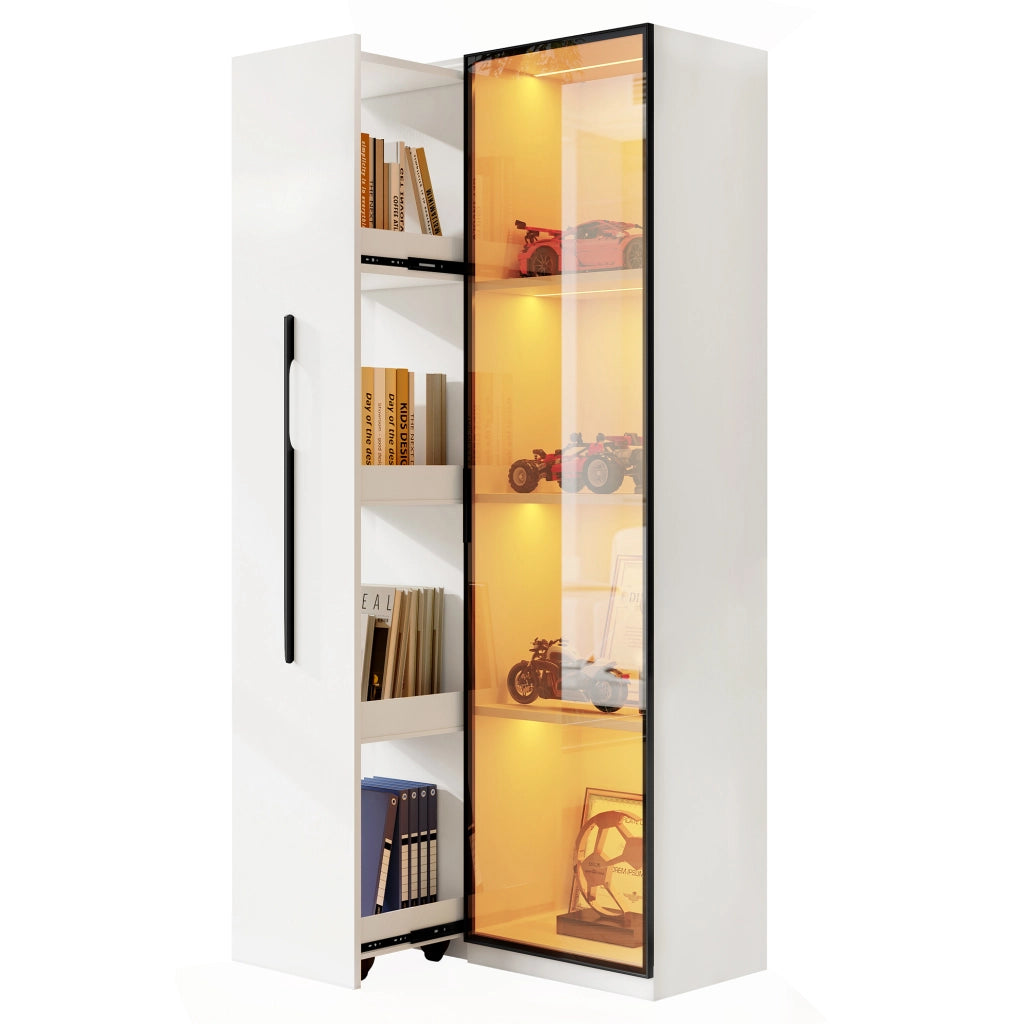 Vetrina con libreria estraibile 70x40x160 cm bianca, MDF con LED e vetro