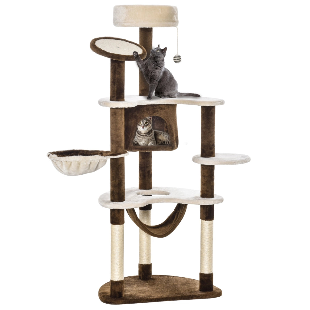 Albero Tiragraffi per Gatti con Cuccia, Amaca e Pallina in Peluche, Marrone, Struttura in Plywood