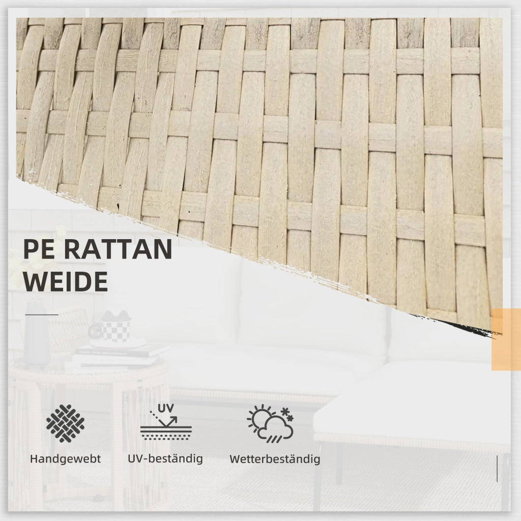 Set di mobili da giardino in rattan con lettino prendisole, tavolino da caff¨¨, divanetto e cuscini color crema per terrazza e balcone.
