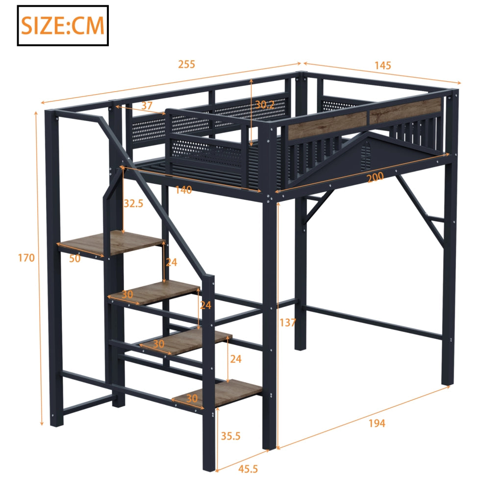Letto a soppalco in metallo 140x200 cm con scala laterale e spazio contenitivo; nero