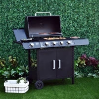 Barbecue a Gas a 5 Fornelli con Ripiani Laterali e Armadietto, in Acciaio e PP, 125x51x100 cm, Nero