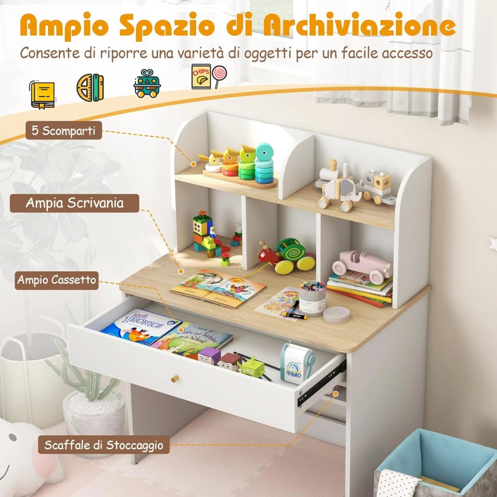 Scrivania in Legno 80 x 48 x 102 cm per Bambini 3+ Anni, Scrivania Cameretta Bambina con 5 Mensole, 1 Cassetto, Spazio di Lavoro e Angoli Arrotondati, Ideale per Studio e Disegno (Naturale)