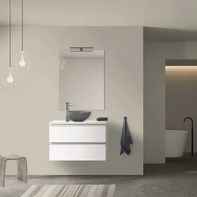 Mobile bagno sospeso 80 cm bianco opaco con top e specchio tondo Master