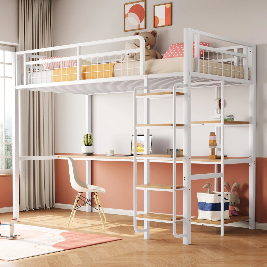 Letto a castello singolo bianco con funzione scrivania e scaffali in metallo 90x200 cm