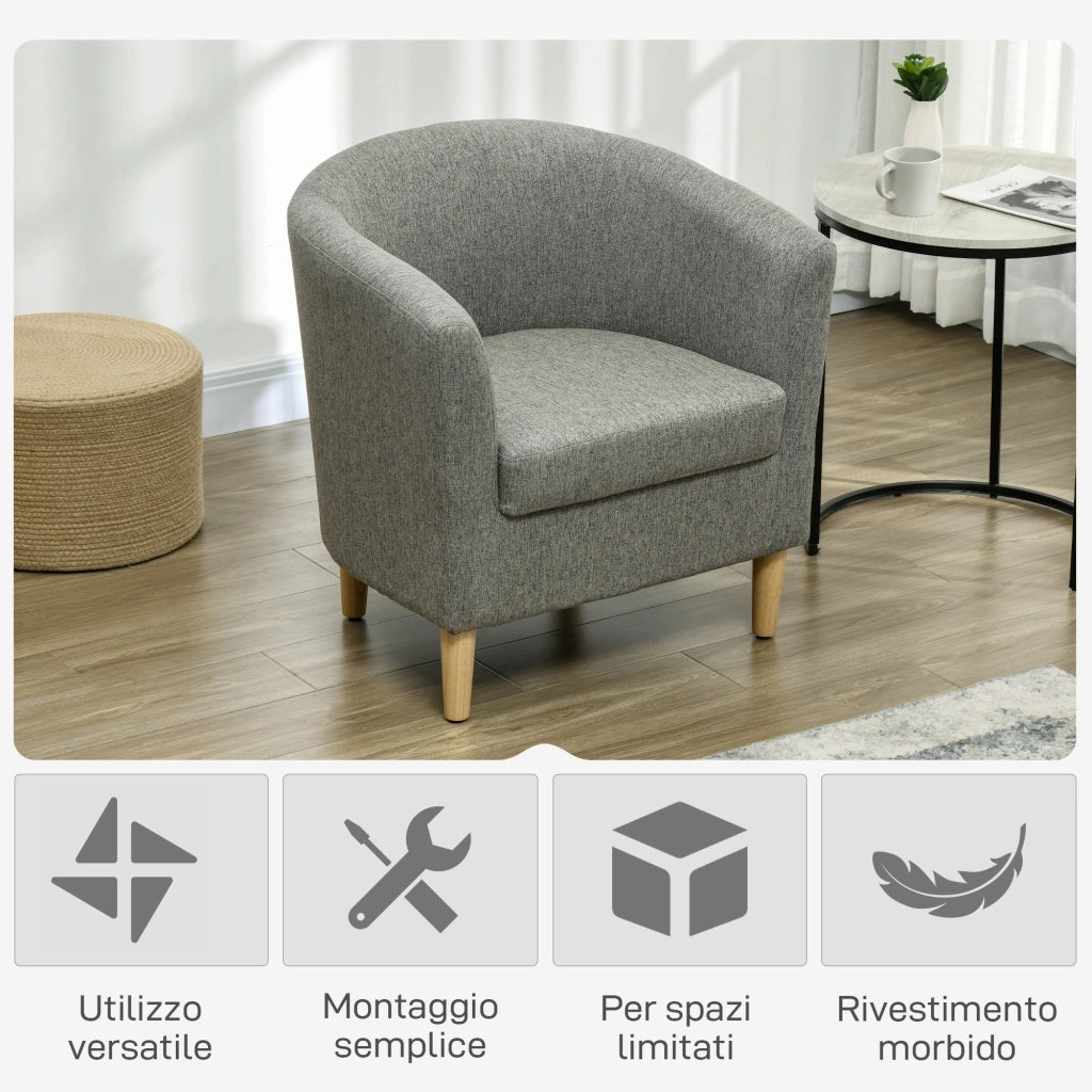 Poltrona Moderna Imbottita in Tessuto con Gambe in Legno ¨C Minimal ¨C Grigio, 74x63x73cm