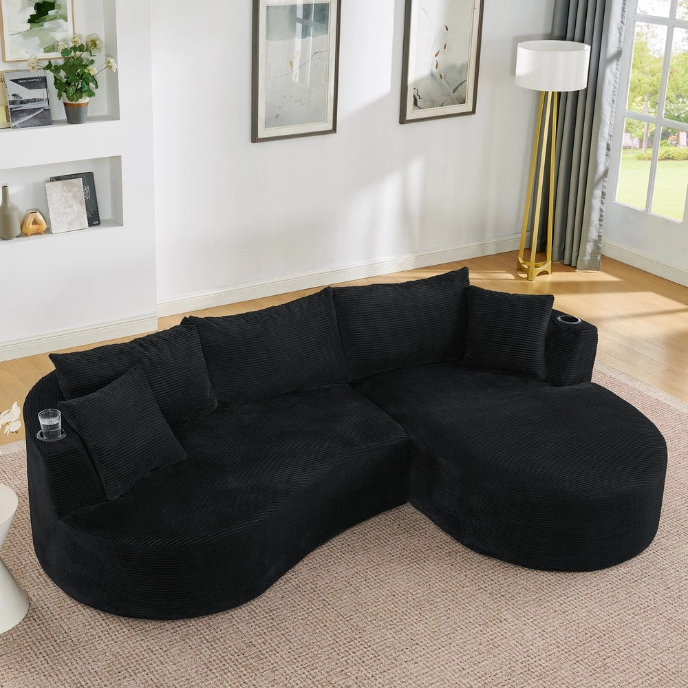 Divano Angolare 3 Posti con Chaise Longue, Velluto a Coste, Cuscini e Portabicchieri ¨C Xylo ¨C Nero