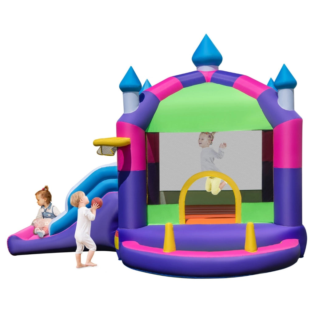Castello gonfiabile con tettuccio scivolo canestro da basket gioco dell'anello, Trampolino gonfiabile 5-in-1