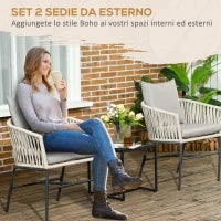 Set 2 Sedie da Giardino in Stile Boho con Rivestimento in Corda e Cuscini Imbottiti, Grigio