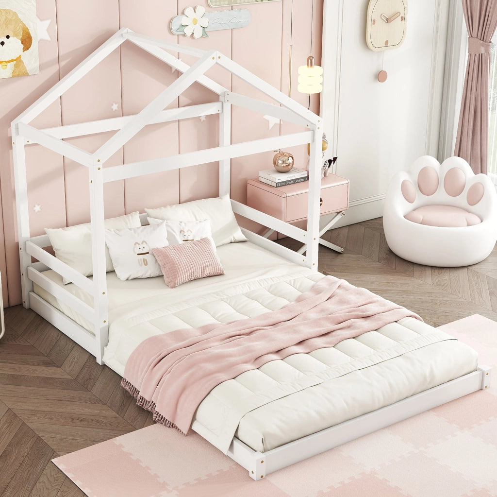 Letto a casetta per bambini 140x200 cm in legno di pino con rete, bianco