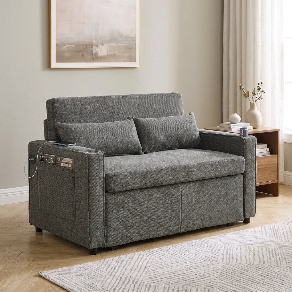 Divano letto 3 in 1 con sistema scorrevole e porte USB in legno e tessuto grigio scuro 195 × 134 × 73 cm