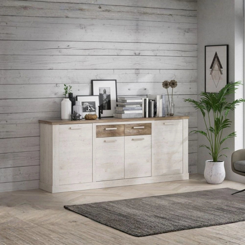 Madia Flux 4 ante in colore pino bianco e 2 cassetti e top rovere antico