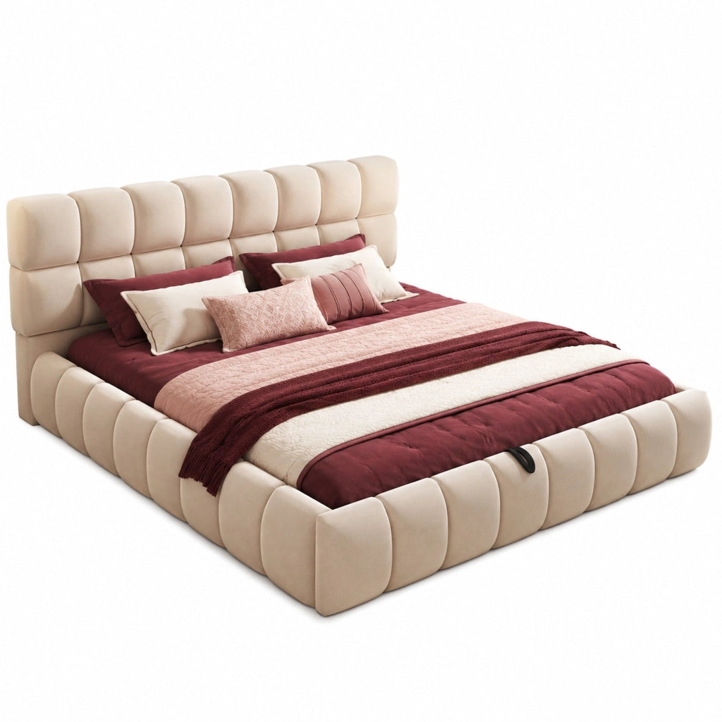 Letto matrimoniale imbottito 140x200 cm con contenitore idraulico in velluto beige