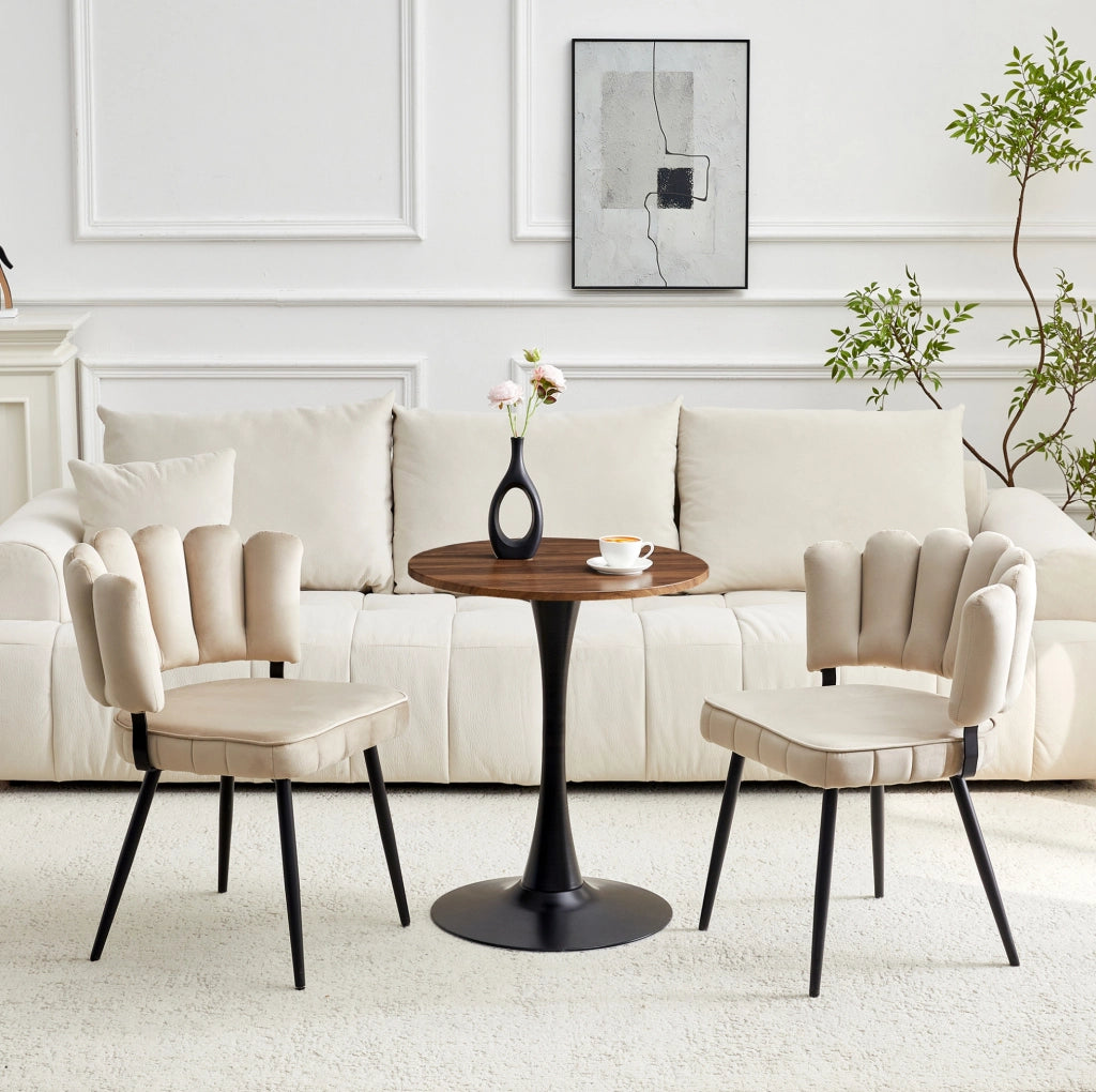 Set tavolo e 2 sedie 60 cm noce e nero; MDF e velluto - schienale a petalo