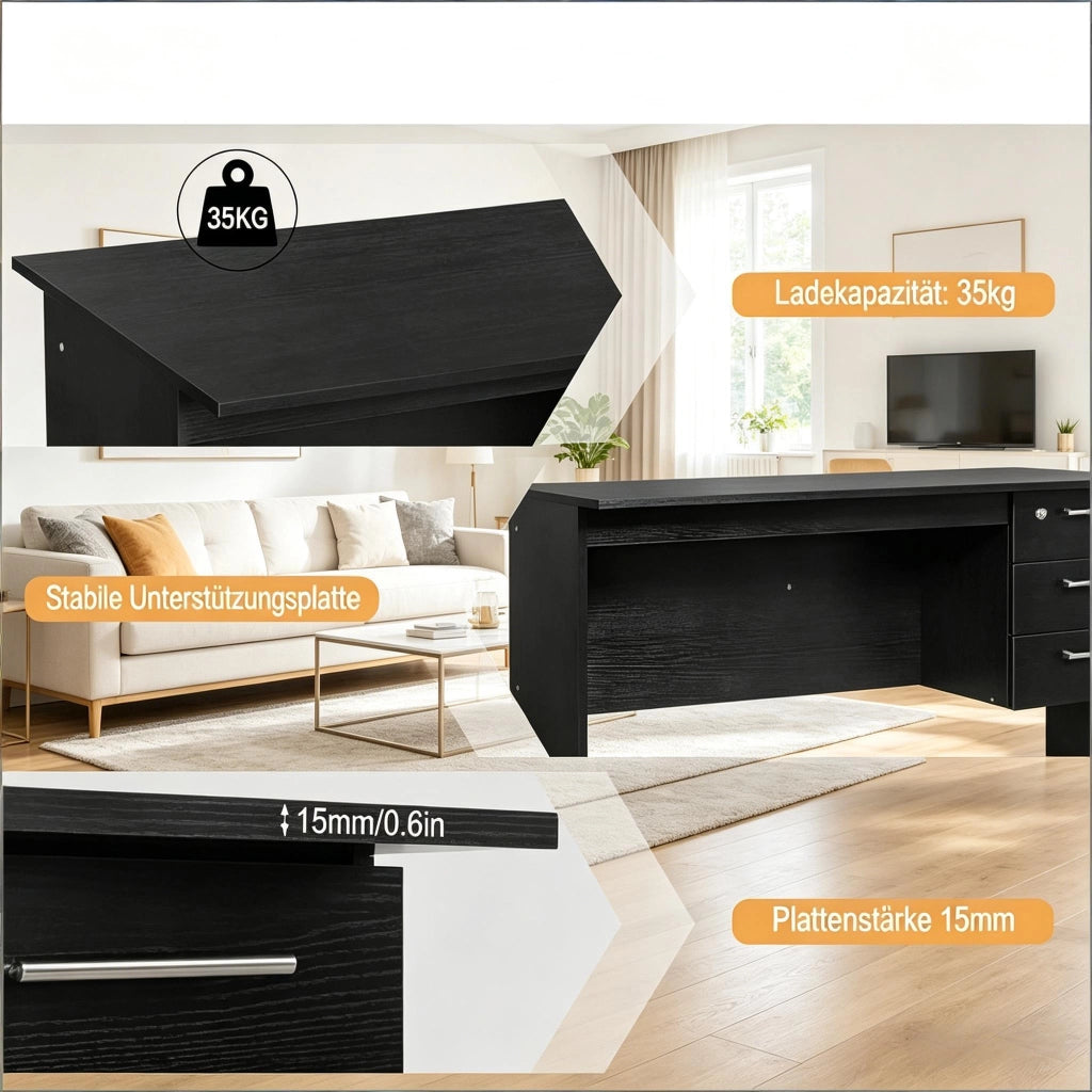 Scrivania lineare con 3 cassetti, serratura e guide silenziose, per ufficio e studio, in legno nero, 120 × 60 × 75 cm